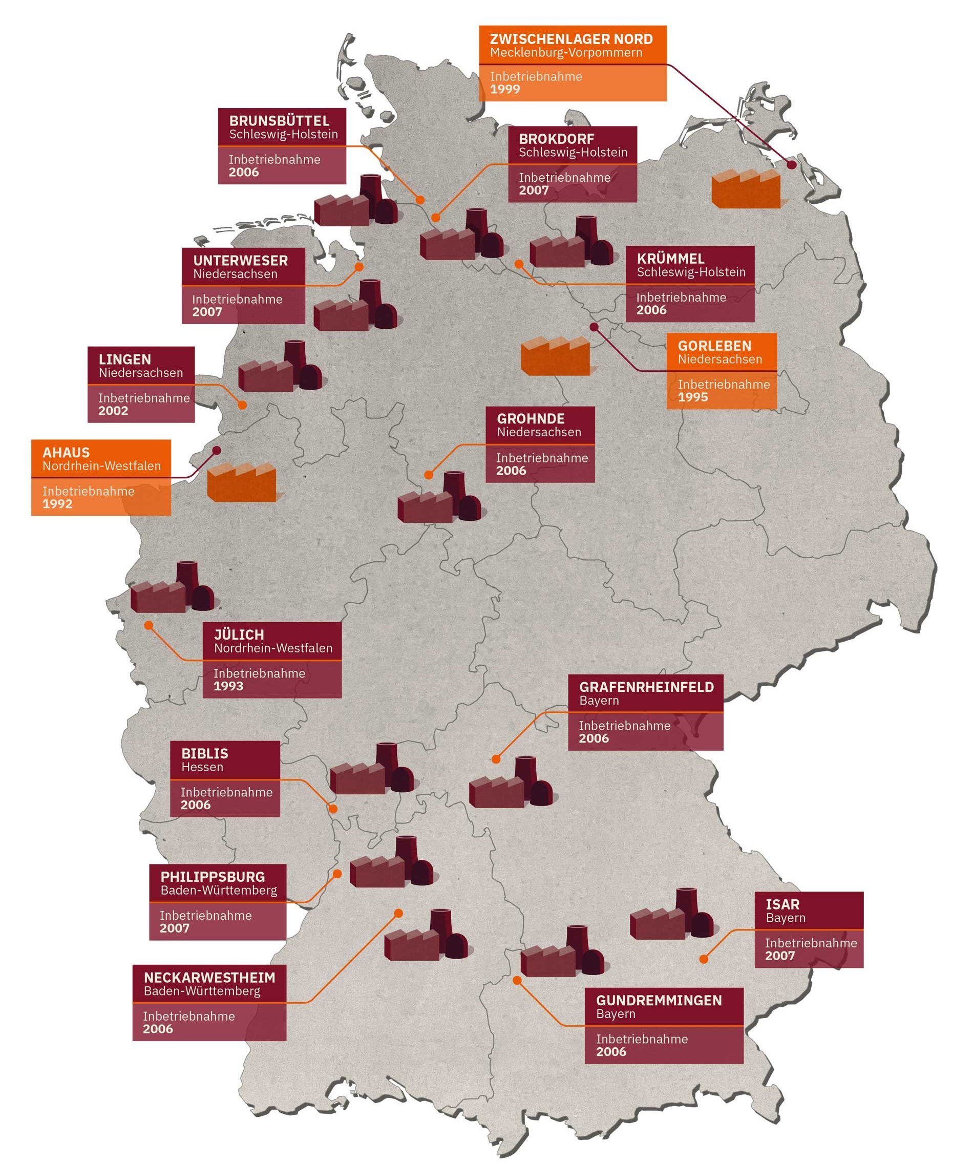 Deutschlandkarte, in die Zwischenlagerstandorte eingezeichnet sind.