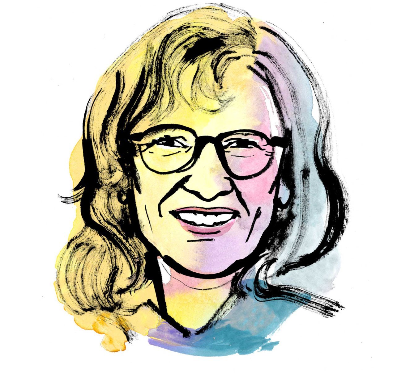 Aquarellzeichnung: Kopf einer Frau mit langen blonden Haaren und Brille