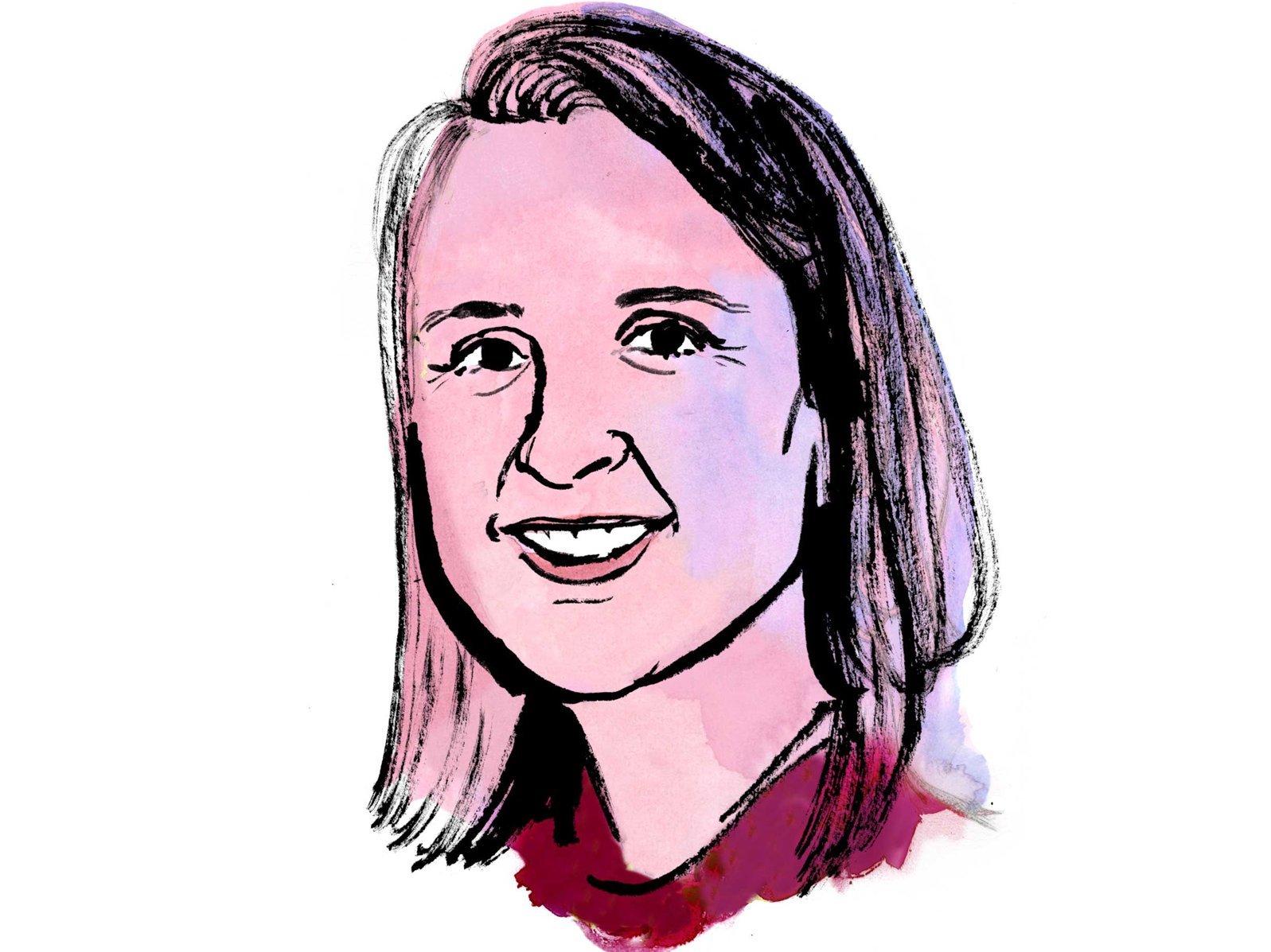 Aquarellzeichnung: Kopf einer Frau mit schulterlangen dunklen Haaren