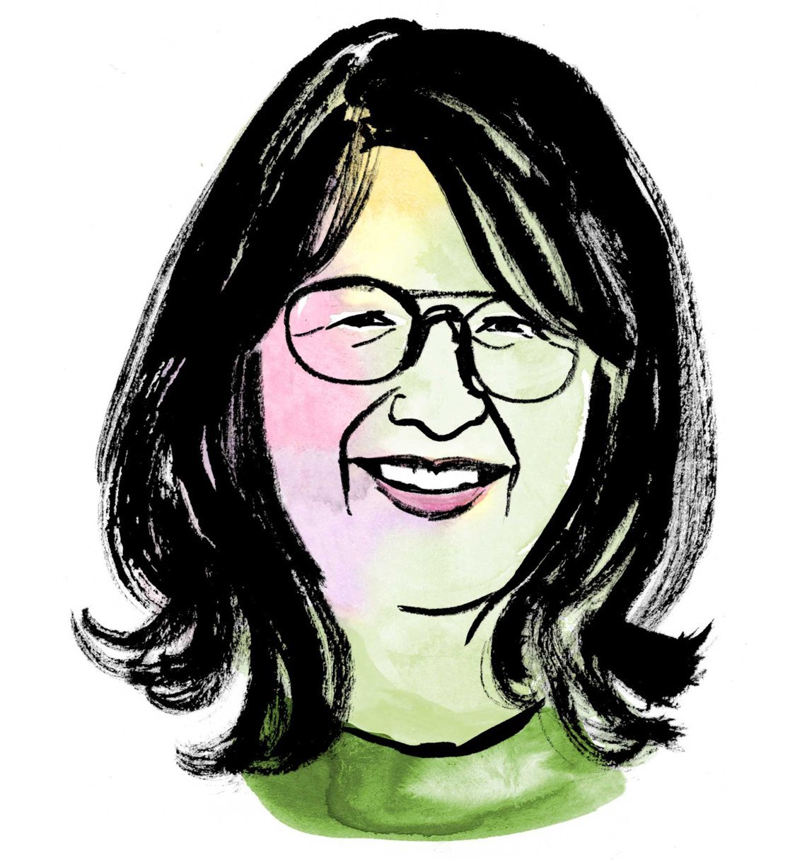 Aquarellzeichnung: Kopf einer Frau mit Brille und schulterlangen schwarzen Haaren