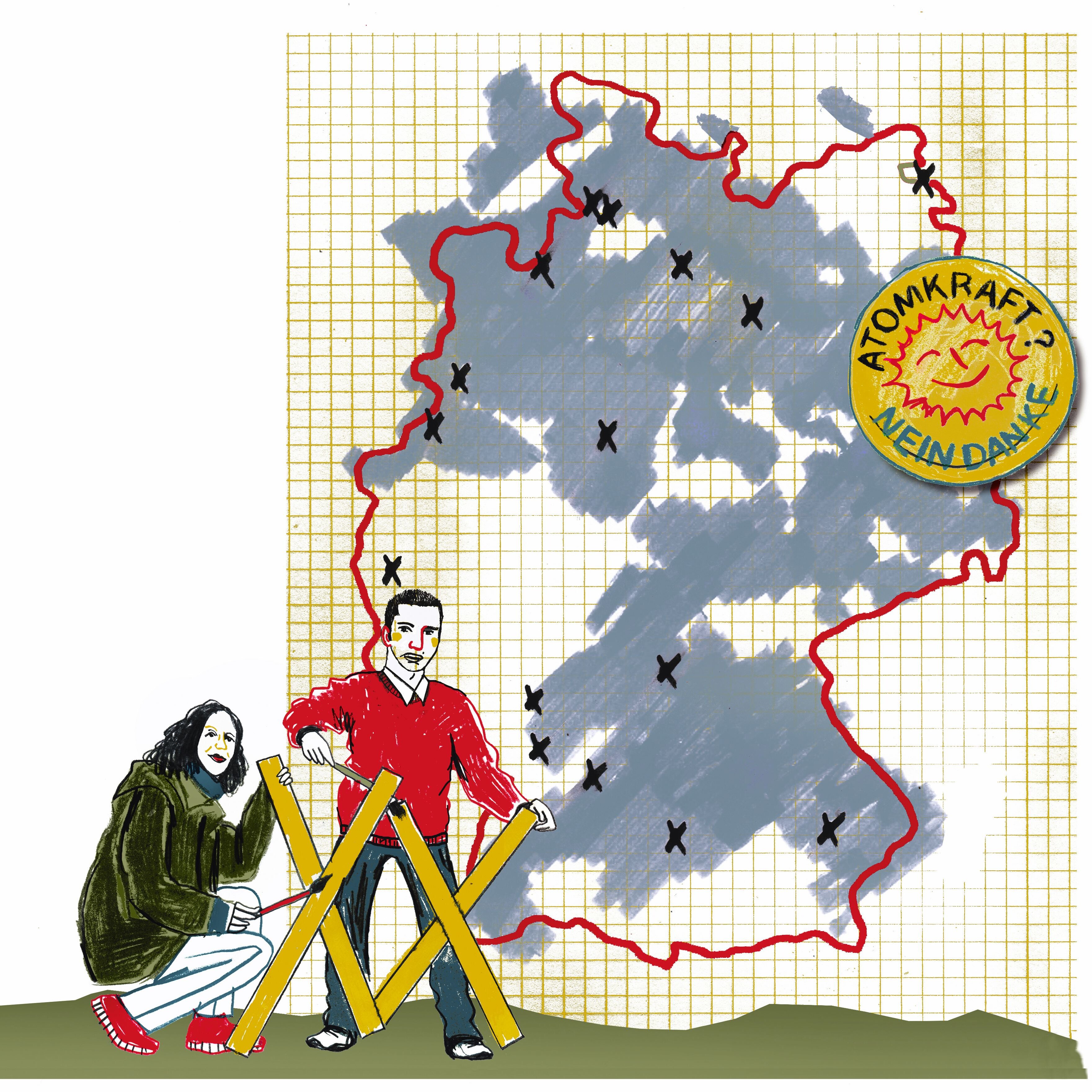 Illustration zeigt Deutschlandkarte mit markierten Orten, einen "Atomkraft? Nein danke"-Zeichen und zwei Personen malen große Kreuze gelb