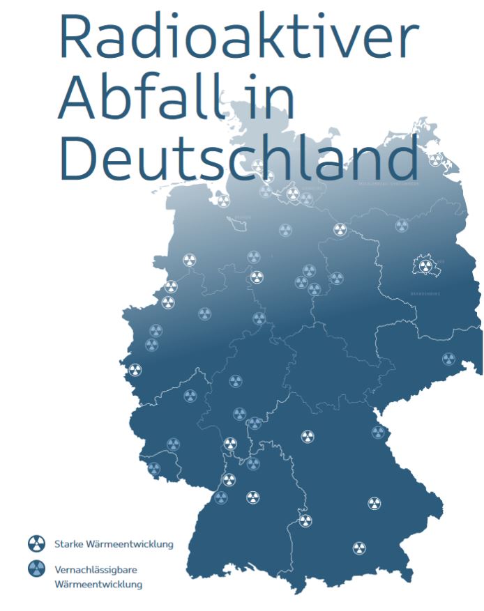 Deutschlandkarte, in der die Zwischenlagerstandorte für wärmeentwickelnde radioaktive Abfälle und solche mit vernachlässigbarer Wärmeentwicklung verzeichnet sind.