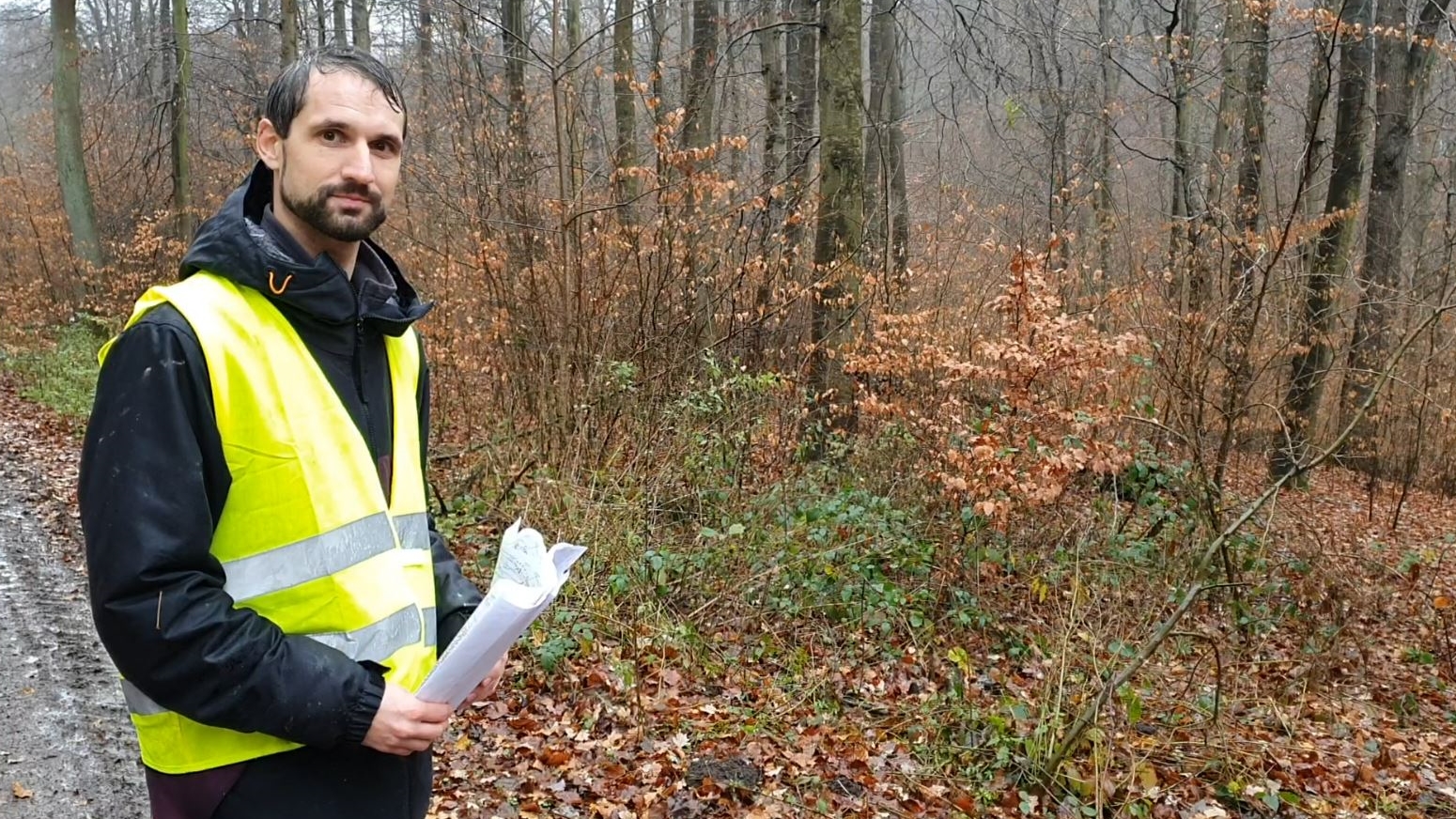 Ein Mann mit gelber Warnweste steht auf einem Waldweg