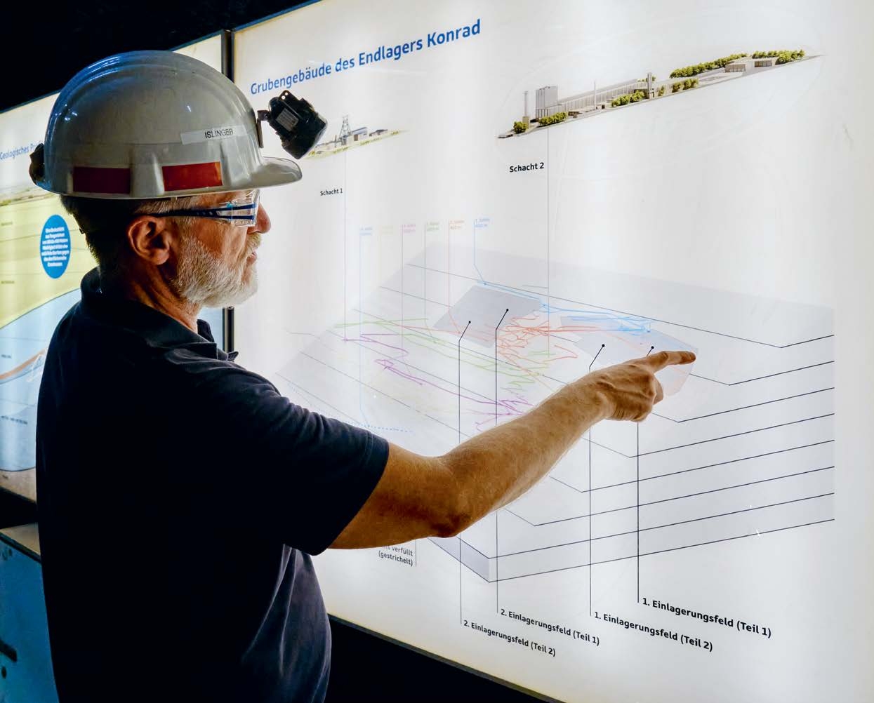 Ein Leuchtkasten zeigt einer Grafik mit Einlagerungsstufen unter der Erde. Davor steht ein Mann mit weißem Helm und zeigt mit einem Finger auf die Grafik.