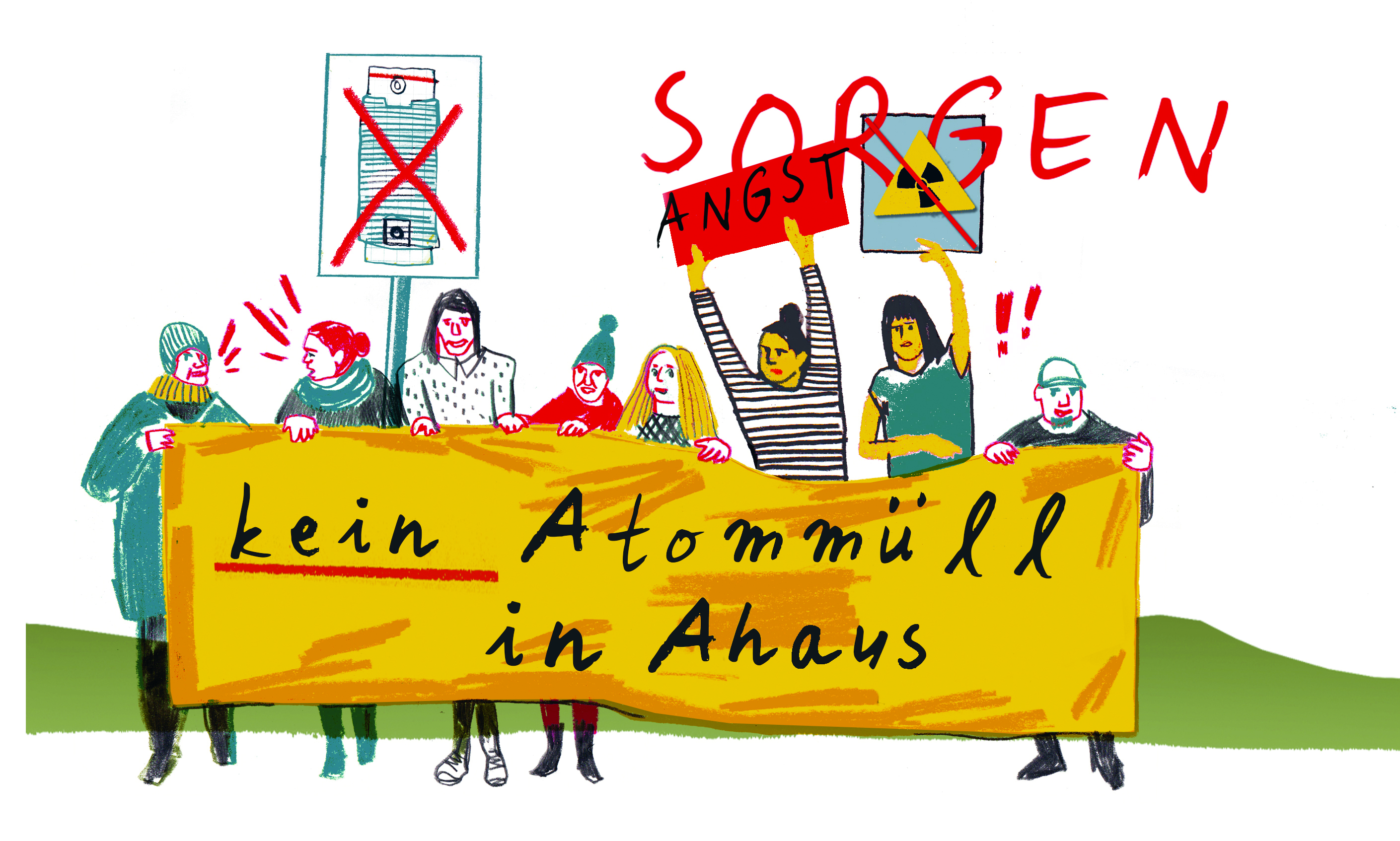 Illustration zeigt mehrere Personen hinter einem Banner mit der Aufschrift "kein Atommüll in Ahaus"